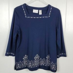 Alfred Dunner Wmns Medium Navy Blouse w/ Square Neck & White Embroidery